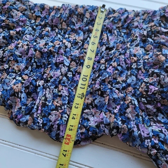 Allison & Kelly Dress Womens Blue Floral Short Slv Keyhole Mesh Rutched Ruffle M - Picture 3 of 16